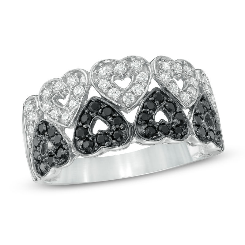 0.45 CT. T.W. Enhanced Black and White Diamond Mirrored Hearts Double Row Ring in Sterling Silver