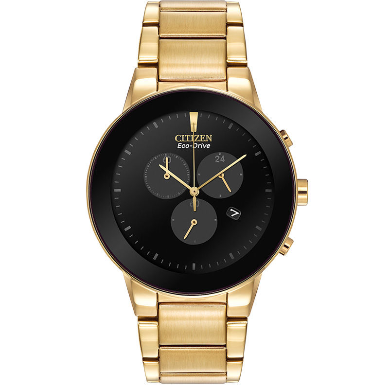 Men's Citizen Eco-Drive® Axiom Chronograph Gold-Tone Watch with Black Dial (Model: AT2242-55E)