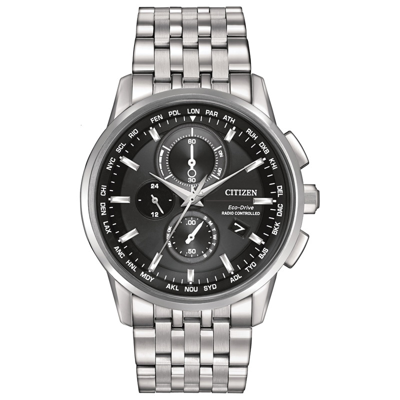 Men's Citizen Eco-Drive® World Chronograph A-T Watch with Black Dial (Model: AT8110-53E)