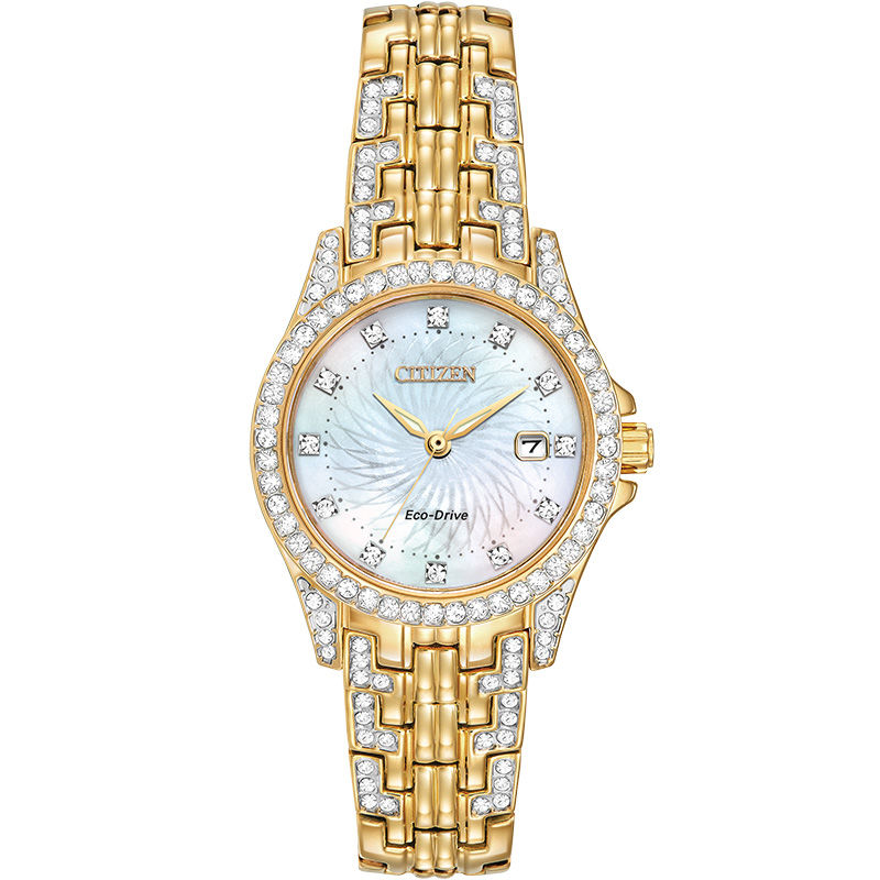 Ladies' Citizen Eco-DriveÂ® Crystal Accent Watch with Mother-of-Pearl Dial and Bracelet Boxed Set (Model: EW1222-76D)