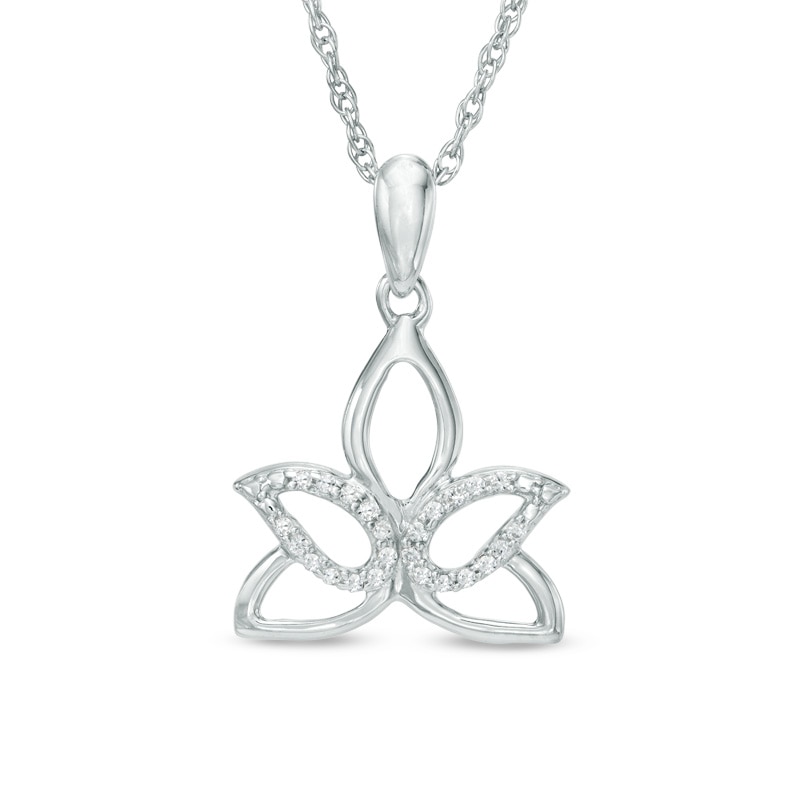 Diamond Accent Outline Lotus Flower Pendant in 10K White Gold