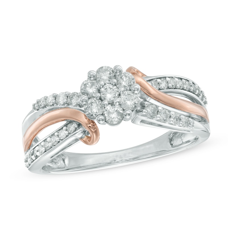 Main Image 1 of 0.50 CT. T.W. Multi-Diamond Flower Bypass Crossover Ring in 10K Two-Tone Gold