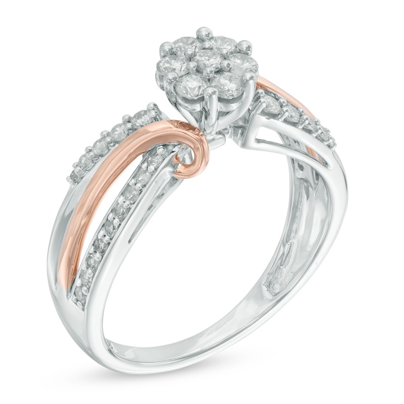 Main Image 2 of 0.50 CT. T.W. Multi-Diamond Flower Bypass Crossover Ring in 10K Two-Tone Gold
