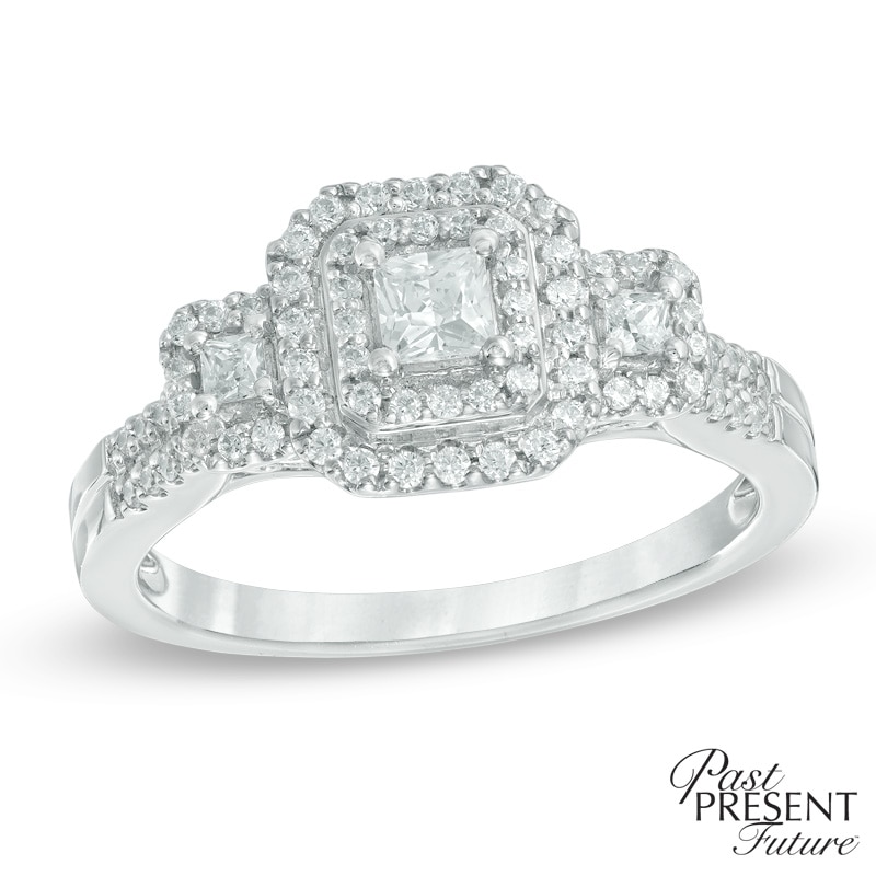 0.45 CT. T.W. Princess-Cut Diamond Past Present Future® Double Frame Engagement Ring 10K White Gold