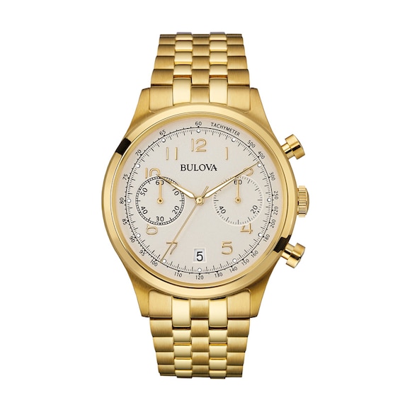 Ladies' Bulova Chronograph Gold-Tone Watch with Silver-Tone Dial (Model: 97B149)