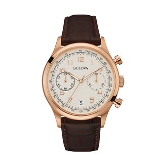 Men's Bulova Chronograph Rose-Tone Strap Watch with Silver-Tone Dial (Model: 97B148)