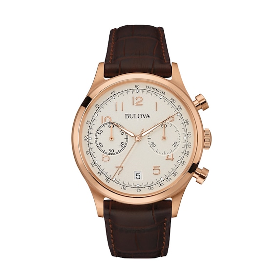Men's Bulova Chronograph Rose-Tone Strap Watch with Silver-Tone Dial (Model: 97B148)