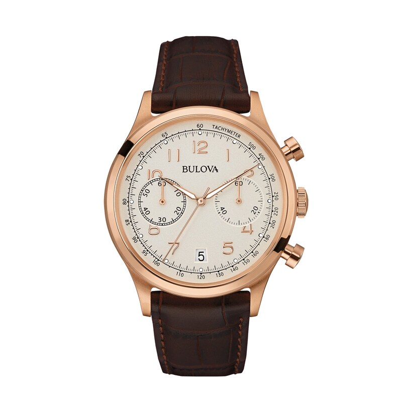 Main Image 1 of Men's Bulova Chronograph Rose-Tone Strap Watch with Silver-Tone Dial (Model: 97B148)