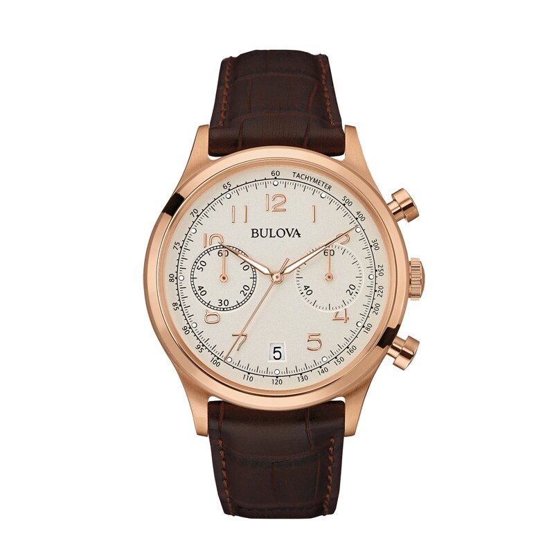 Men's Bulova Chronograph Rose-Tone Strap Watch with Silver-Tone Dial (Model: 97B148)|Peoples Jewellers