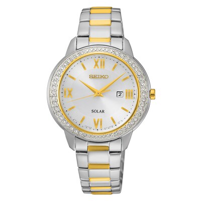 Ladies' Seiko Solar Crystal Accent Two-Tone Watch with Silver Dial (Model: SUT246)