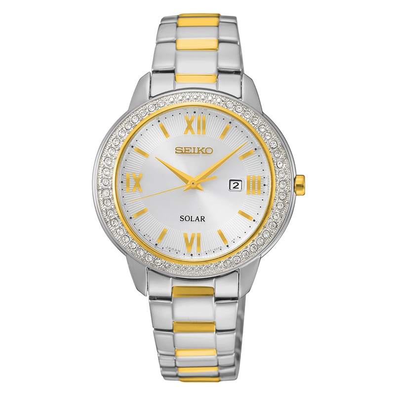 Ladies' Seiko Solar Crystal Accent Two-Tone Watch with Silver Dial (Model: SUT246)