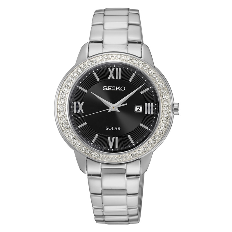 Ladies' Seiko Solar Crystal Accent Watch with Black Dial (Model: SUT245) |  Peoples Jewellers