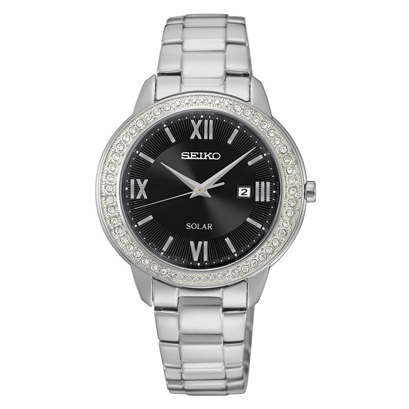 Main Image 1 of Ladies' Seiko Solar Crystal Accent Watch with Black Dial (Model: SUT245)