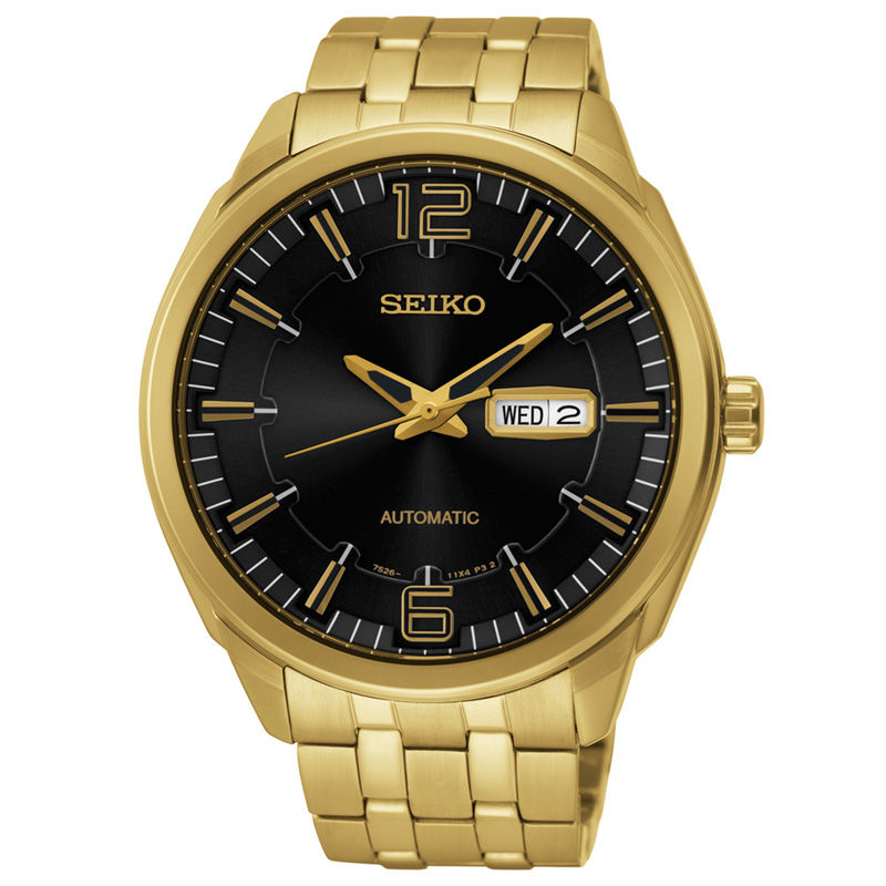 Men's Seiko Recraft Gold-Tone Automatic Watch with Black Dial (Model: SNKN48)|Peoples Jewellers