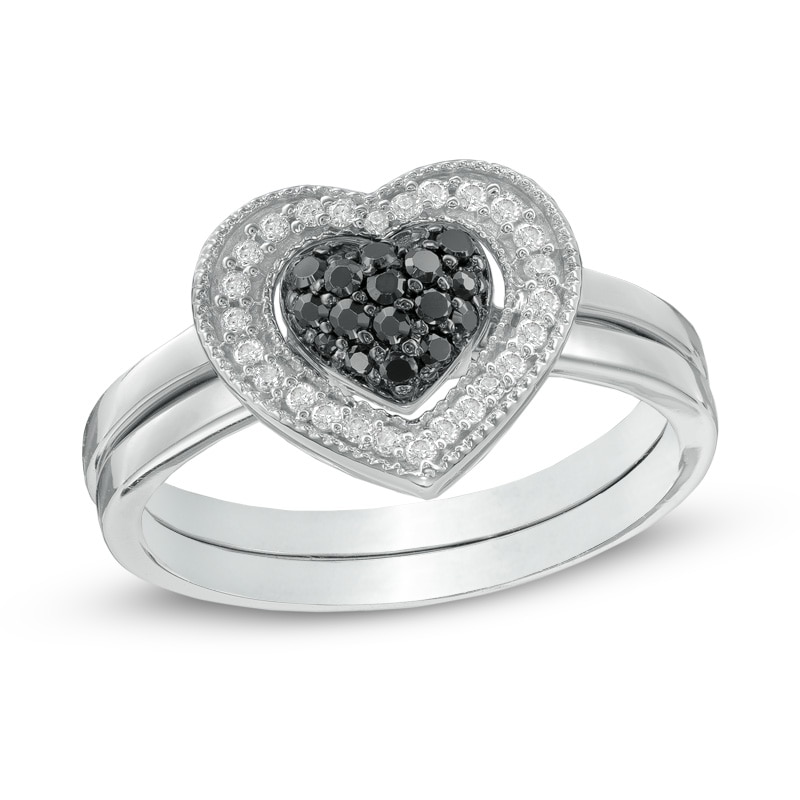 0.23 CT. T.W. Enhanced Black and White Diamond Heart Cluster Bridal Set in Sterling Silver