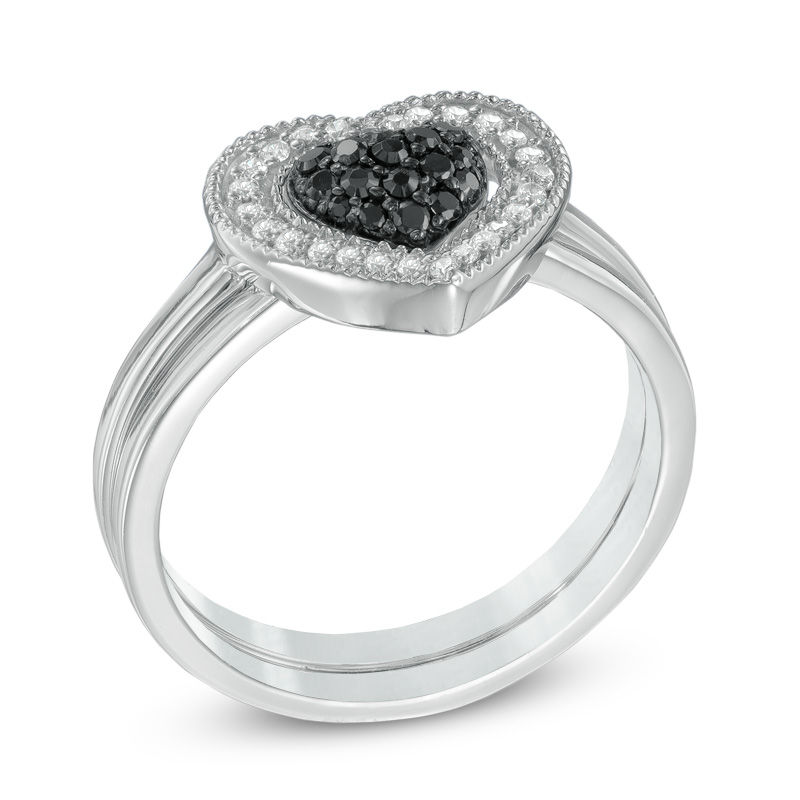 0.23 CT. T.W. Enhanced Black and White Diamond Heart Cluster Bridal Set Sterling Silver