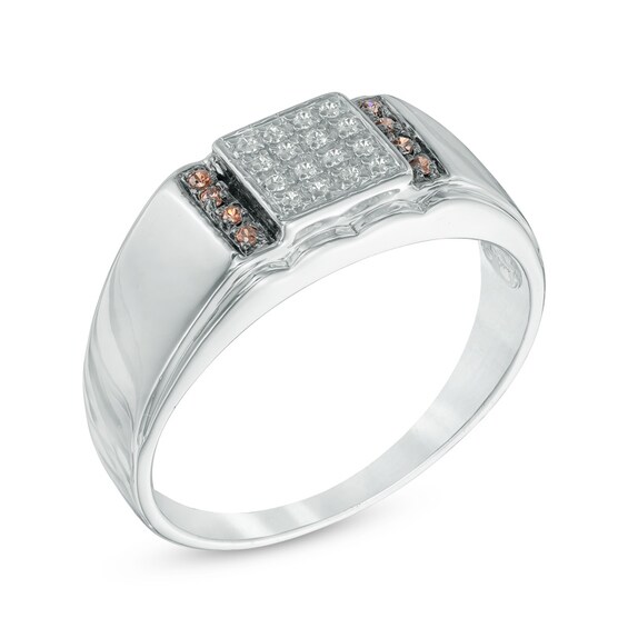 Men's 0.12 CT. T.W. Enhanced Champagne and White Diamond Ring in 10K White Gold