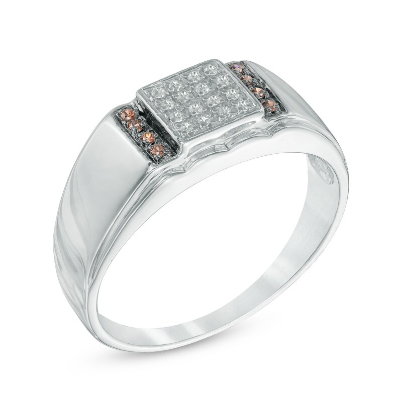 Men's 0.12 CT. T.W. Enhanced Champagne and White Diamond Ring in 10K White Gold