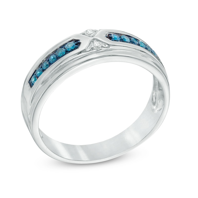 Main Image 2 of Men's 0.15 CT. T.W. Enhanced Blue and White Diamond Wedding Band in 10K White Gold