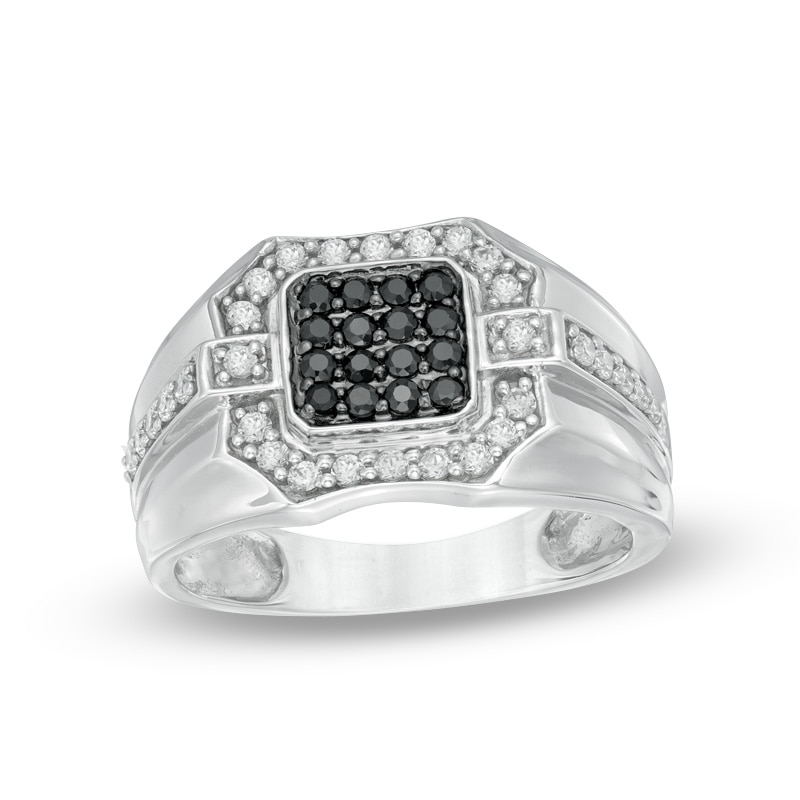 Main Image 1 of Men's 0.70 CT. T.W. Enhanced Black and White Diamond Square Composite Ring in Sterling Silver