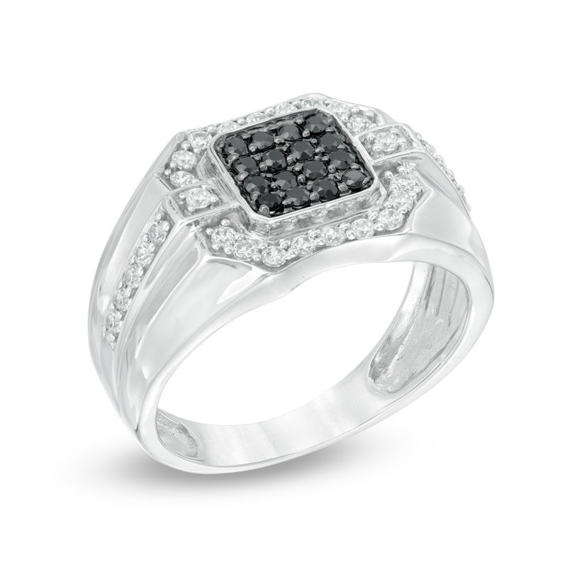 Men's 0.70 CT. T.W. Enhanced Black and White Diamond Square Composite Ring in Sterling Silver