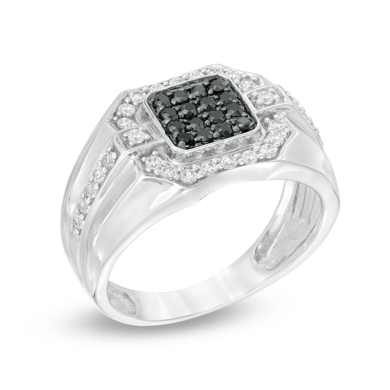 Main Image 2 of Men's 0.70 CT. T.W. Enhanced Black and White Diamond Square Composite Ring in Sterling Silver