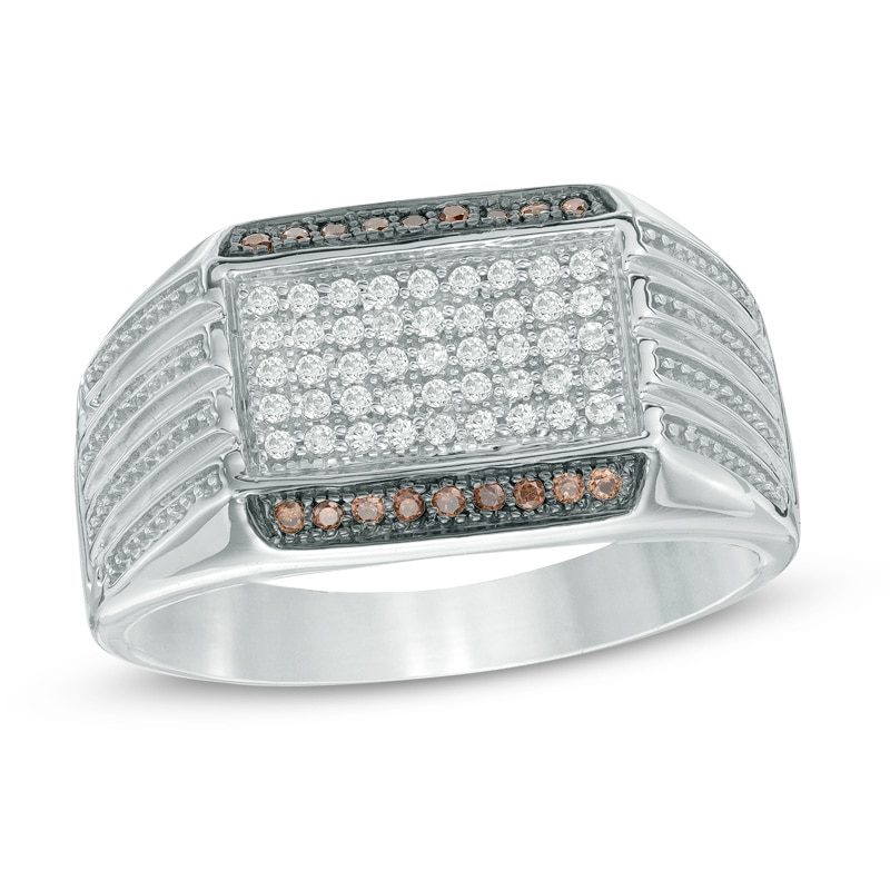 Main Image 1 of Men's 0.30 CT. T.W. Enhanced Champagne and White Diamond Ring in Sterling Silver