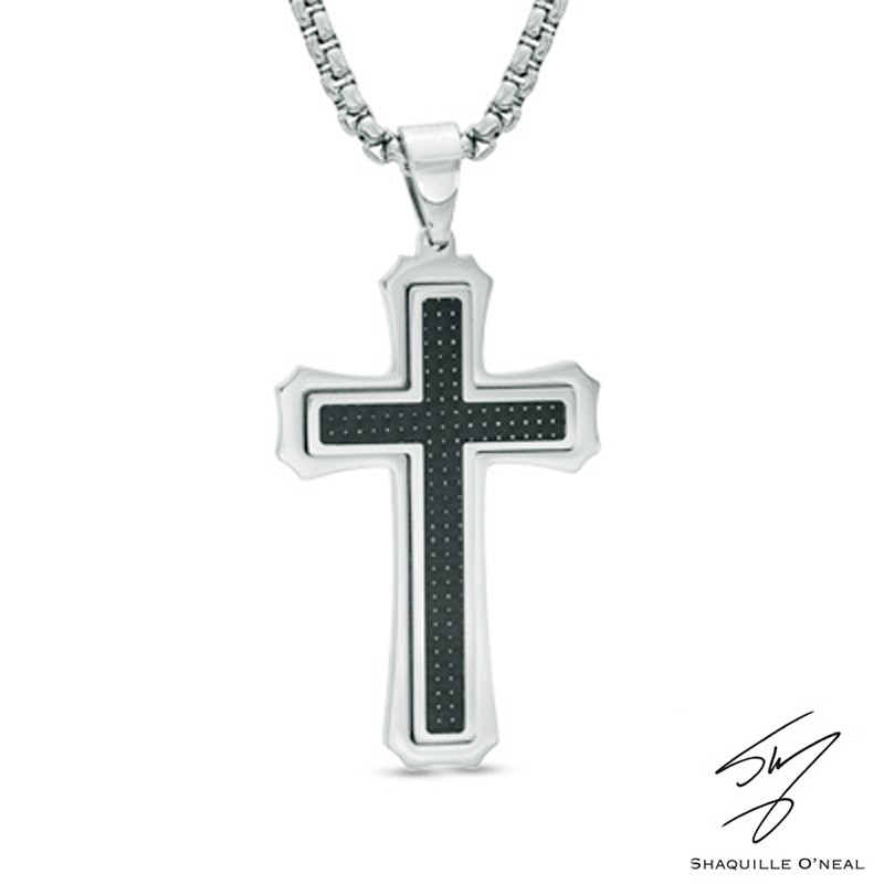 Main Image 1 of Men's Gothic-Style Cross Pendant with Black Carbon Fibre in Stainless Steel - 24"