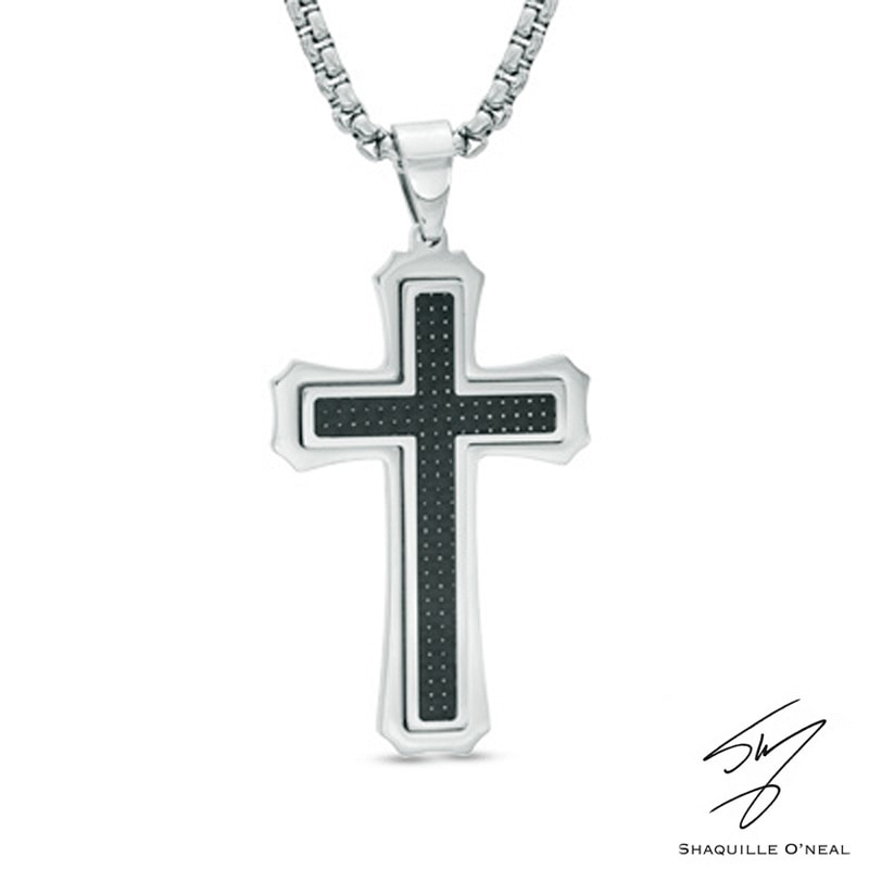 Men's Gothic-Style Cross Pendant with Black Carbon Fibre in Stainless Steel - 24"