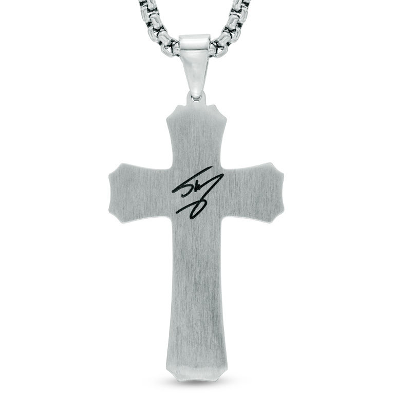 Men's Gothic-Style Cross Pendant with Black Carbon Fibre in Stainless Steel - 24"