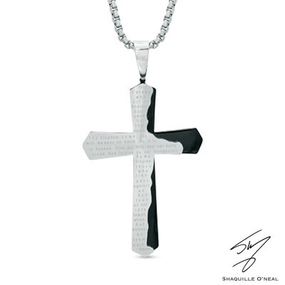 Men's Lord's Prayer Cross Pendant in Stainless Steel and Black IP - 24"