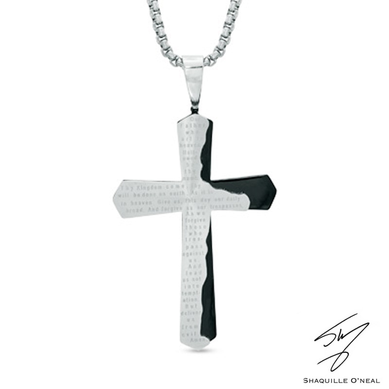 Men's Lord's Prayer Cross Pendant in Stainless Steel and Black IP - 24"|Peoples Jewellers