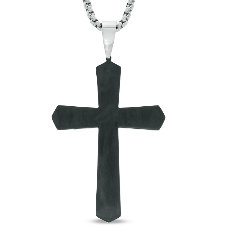 Men's Lord's Prayer Cross Pendant in Stainless Steel and Black IP - 24"|Peoples Jewellers