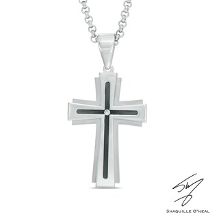 Men's Diamond Accent Groove Cross Pendant in Two-Tone Stainless Steel - 24"
