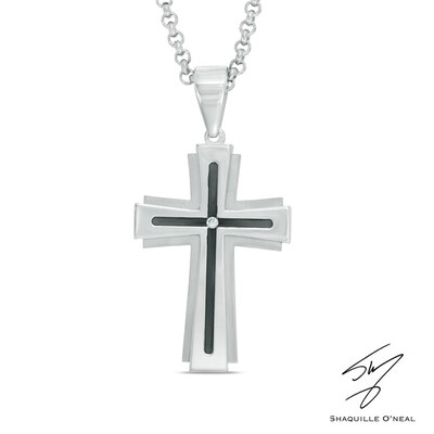 Men's Diamond Accent Groove Cross Pendant in Two-Tone Stainless Steel - 24"