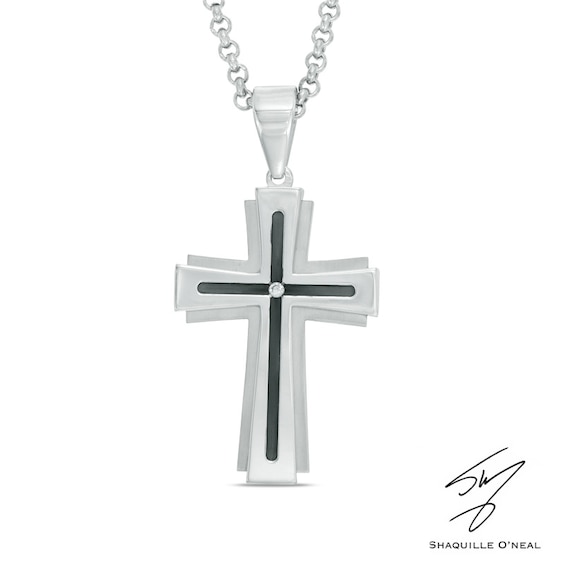 Men's Diamond Accent Groove Cross Pendant in Two-Tone Stainless Steel - 24"