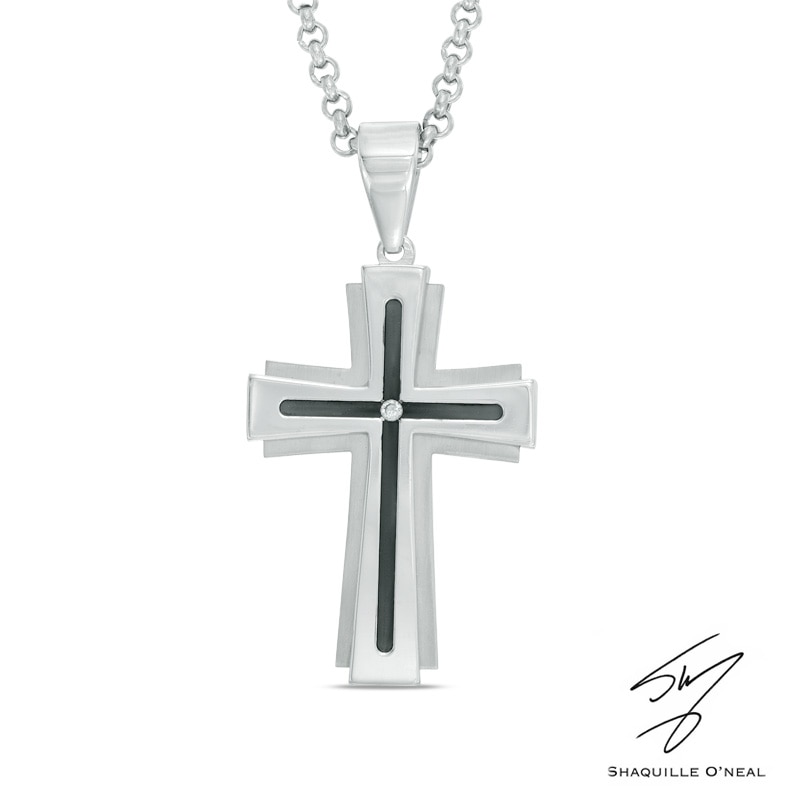 Men's Diamond Accent Groove Cross Pendant in Two-Tone Stainless Steel - 24"