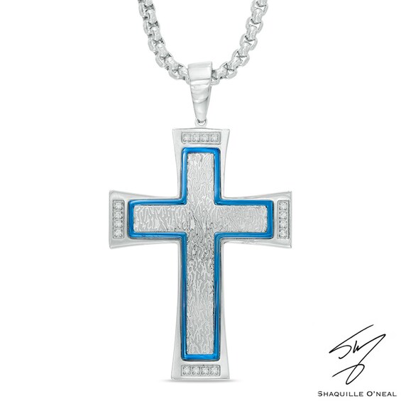 Men's 0.12 CT. T.W. Diamond Cross Pendant in Stainless Steel and Blue IP - 24"