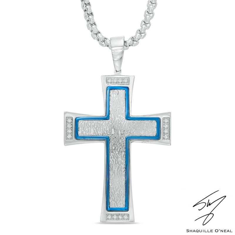 Men's 0.12 CT. T.W. Diamond Cross Pendant in Stainless Steel and Blue IP - 24"