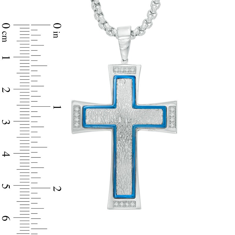 Main Image 2 of Men's 0.12 CT. T.W. Diamond Cross Pendant in Stainless Steel and Blue IP - 24"