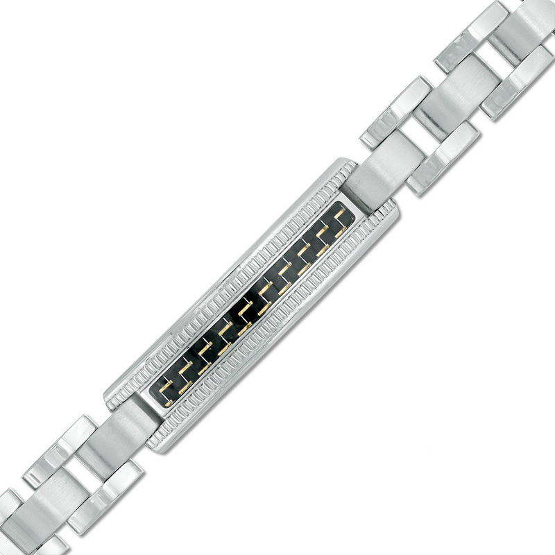 Textured ID Bracelet in Stainless Steel with Black Carbon Fiber Inlay - 8.5"