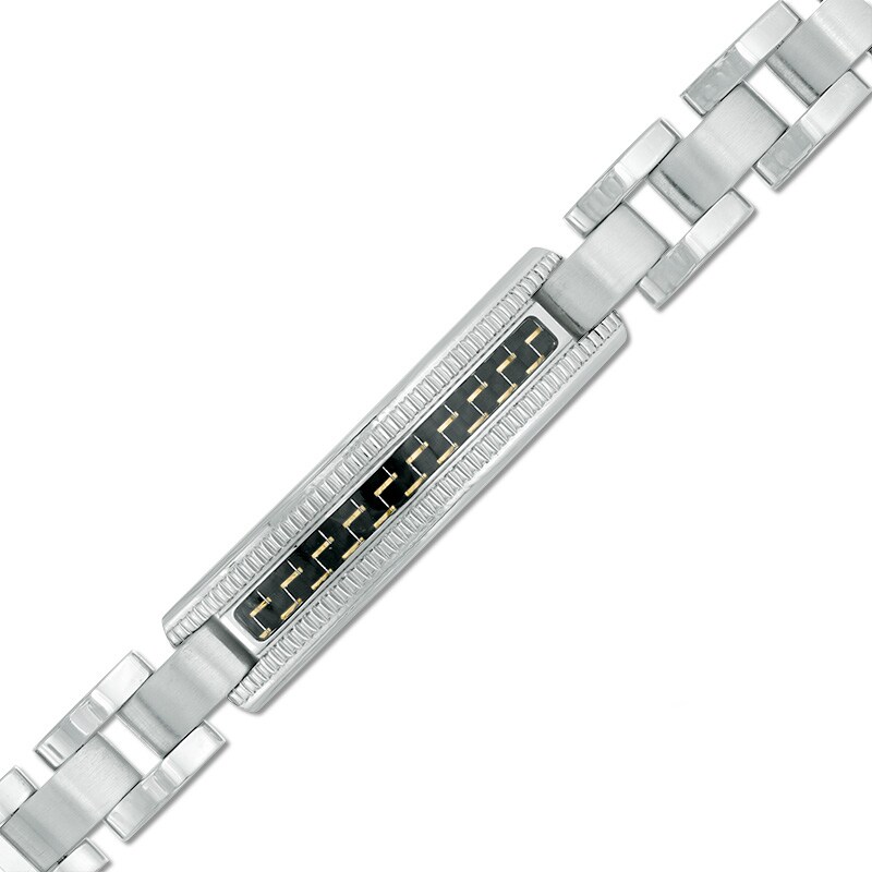 Main Image 1 of Textured ID Bracelet in Stainless Steel with Black Carbon Fiber Inlay - 8.5"