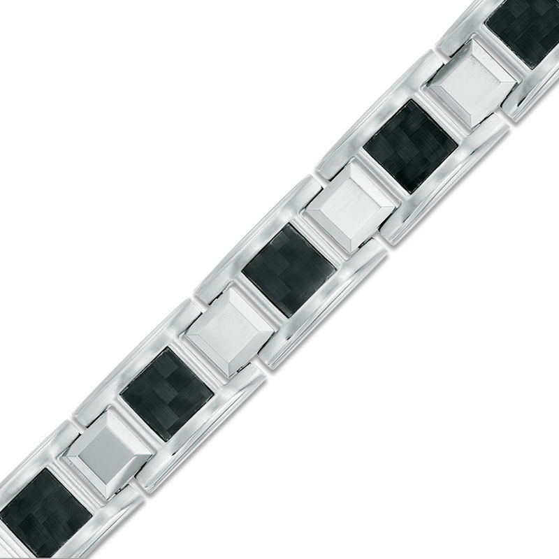 Men's Square Link Bracelet in Stainless Steel and Tungsten with Black Carbon Fiber - 8.5"