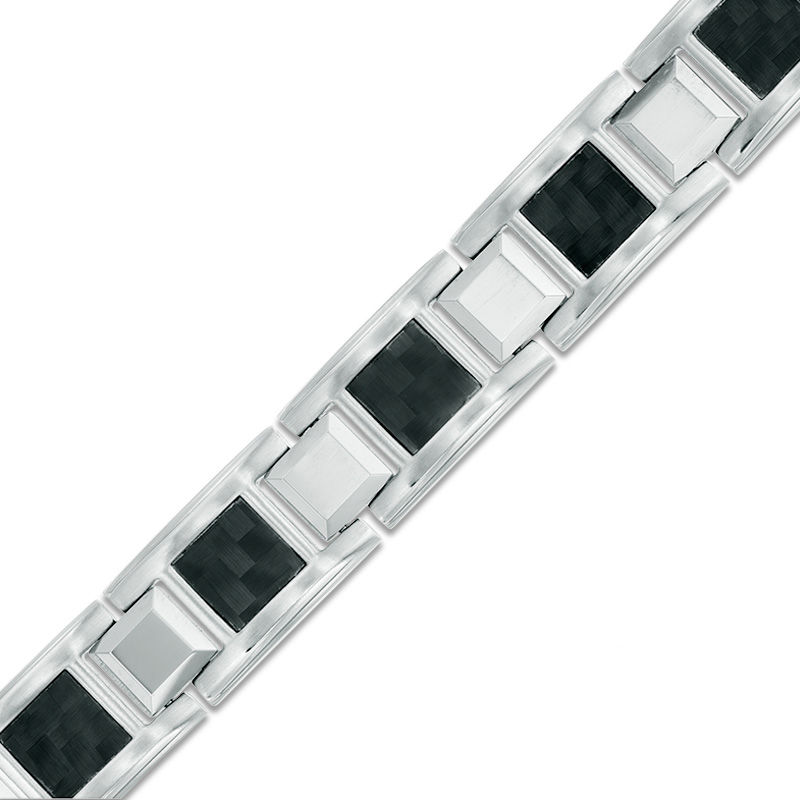 Men's Square Link Bracelet in Stainless Steel and Tungsten with Black Carbon Fiber - 8.5"|Peoples Jewellers