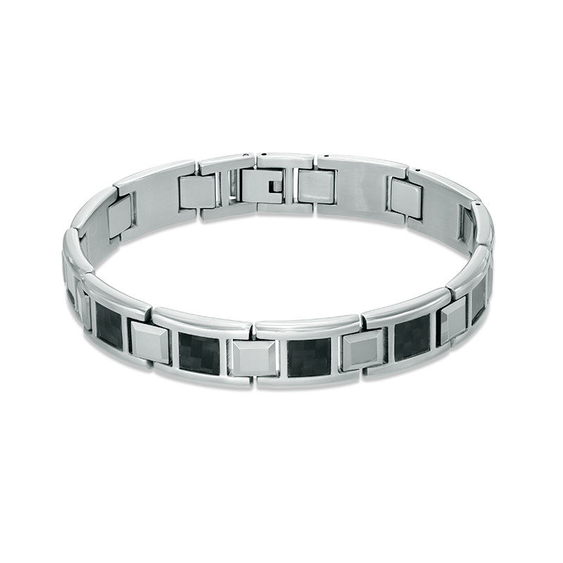 Square Link Bracelet in Stainless Steel and Tungsten with Black Carbon Fiber - 8.5"