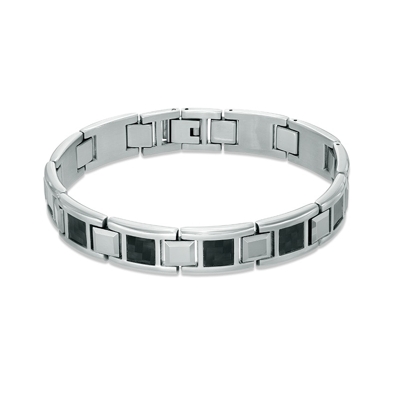 Men's Square Link Bracelet in Stainless Steel and Tungsten with Black Carbon Fiber - 8.5"