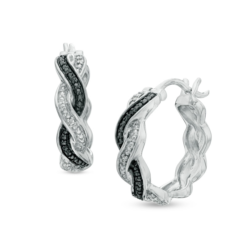 Main Image 1 of Enhanced Black and White Diamond Accent Braid Hoop Earrings in Sterling Silver