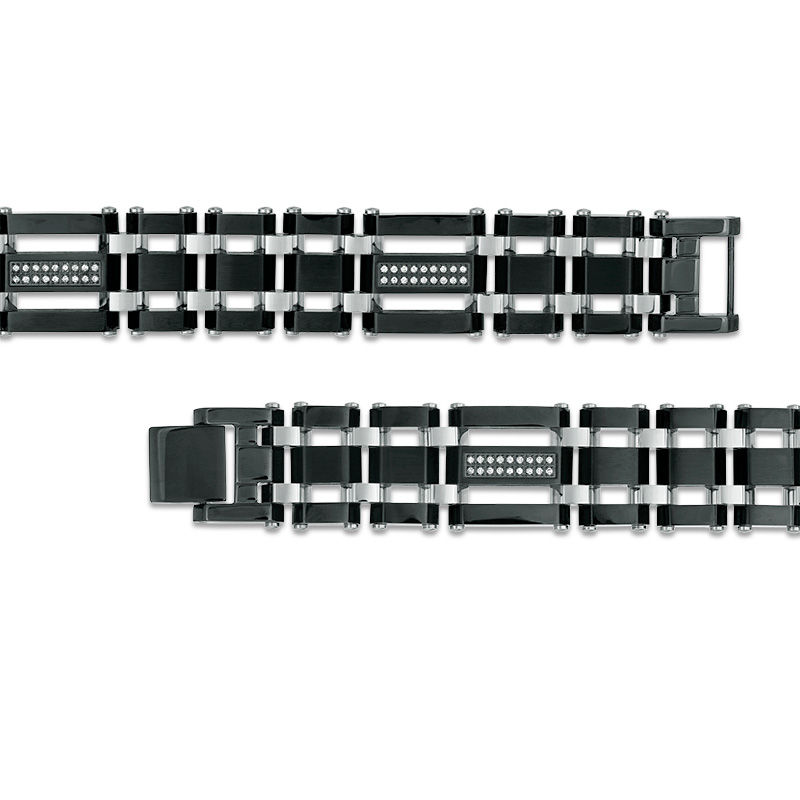 Main Image 2 of 0.28 CT. T.W. Diamond Triple Row Link Bracelet in Stainless Steel and Black IP - 8.75"