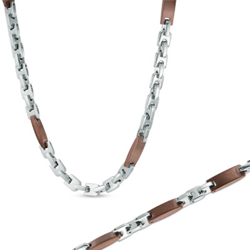 Necklace and Bracelet Set in Stainless Steel and Brown IP - 24"