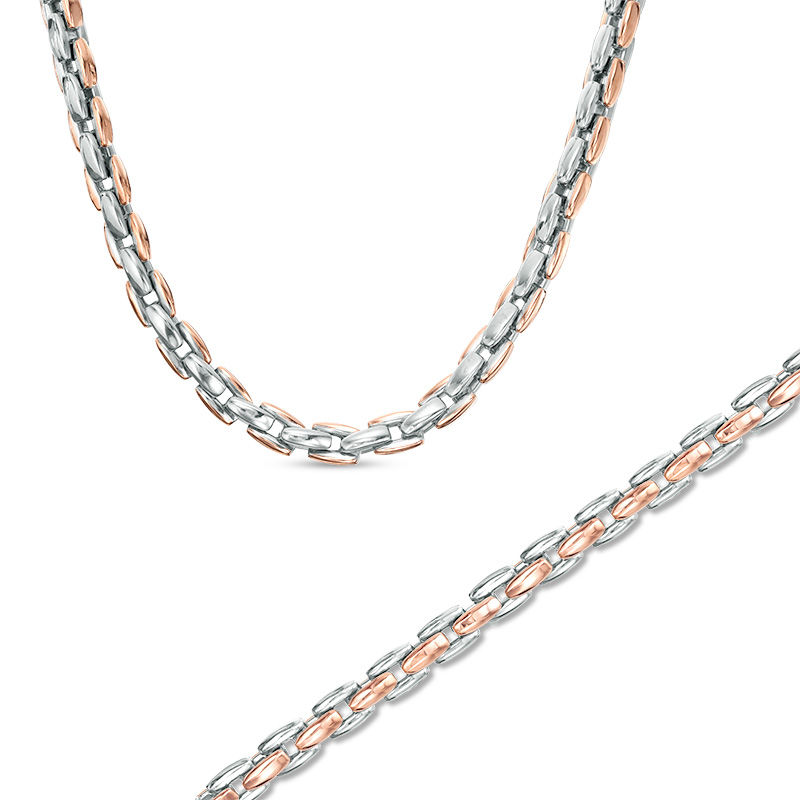Men's Square Link Necklace and Bracelet Set in Stainless Steel and Rose IP - 24"|Peoples Jewellers